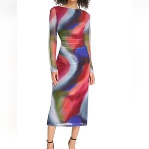 Vince Camuto Red Multi Print Mesh Long Sleeve Bodycon Midi Dress Size 12 NWT